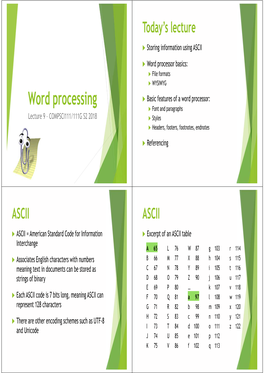 Word Processing  Basic Features of a Word Processor:  Font and Paragraphs Lecture 9 – COMPSCI111/111G S2 2018  Styles  Headers, Footers, Footnotes, Endnotes