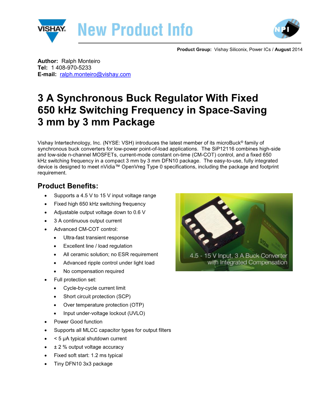 3 a Synchronous Buck Regulator with Fixed 650 Khz Switching Frequency in Space-Saving 3 Mm by 3 Mm Package