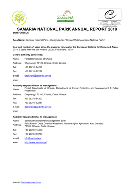 SAMARIA NATIONAL PARK ANNUAL REPORT 2018 State: GREECE
