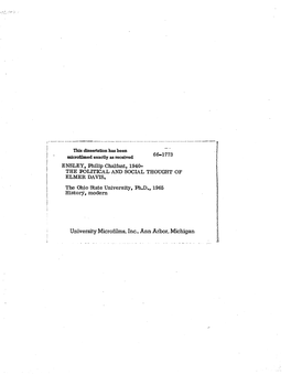 University Microfilms, Inc., Ann Arbor, Michigan the POLITICAL and SOCIAL THOUGHT