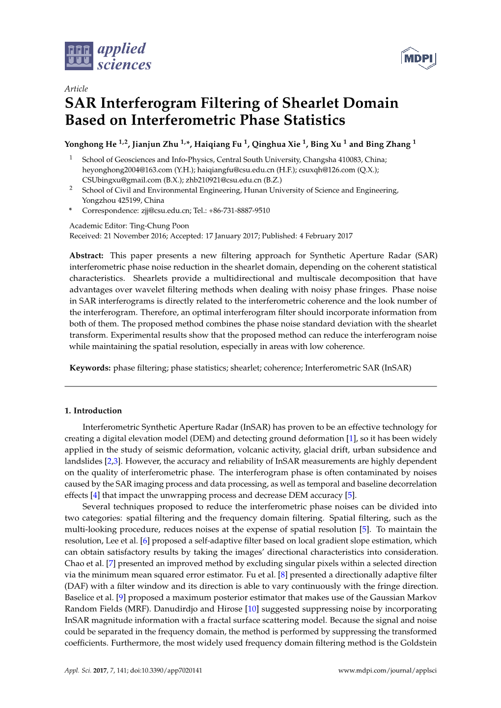 SAR Interferogram Filtering of Shearlet Domain Based on Interferometric Phase Statistics