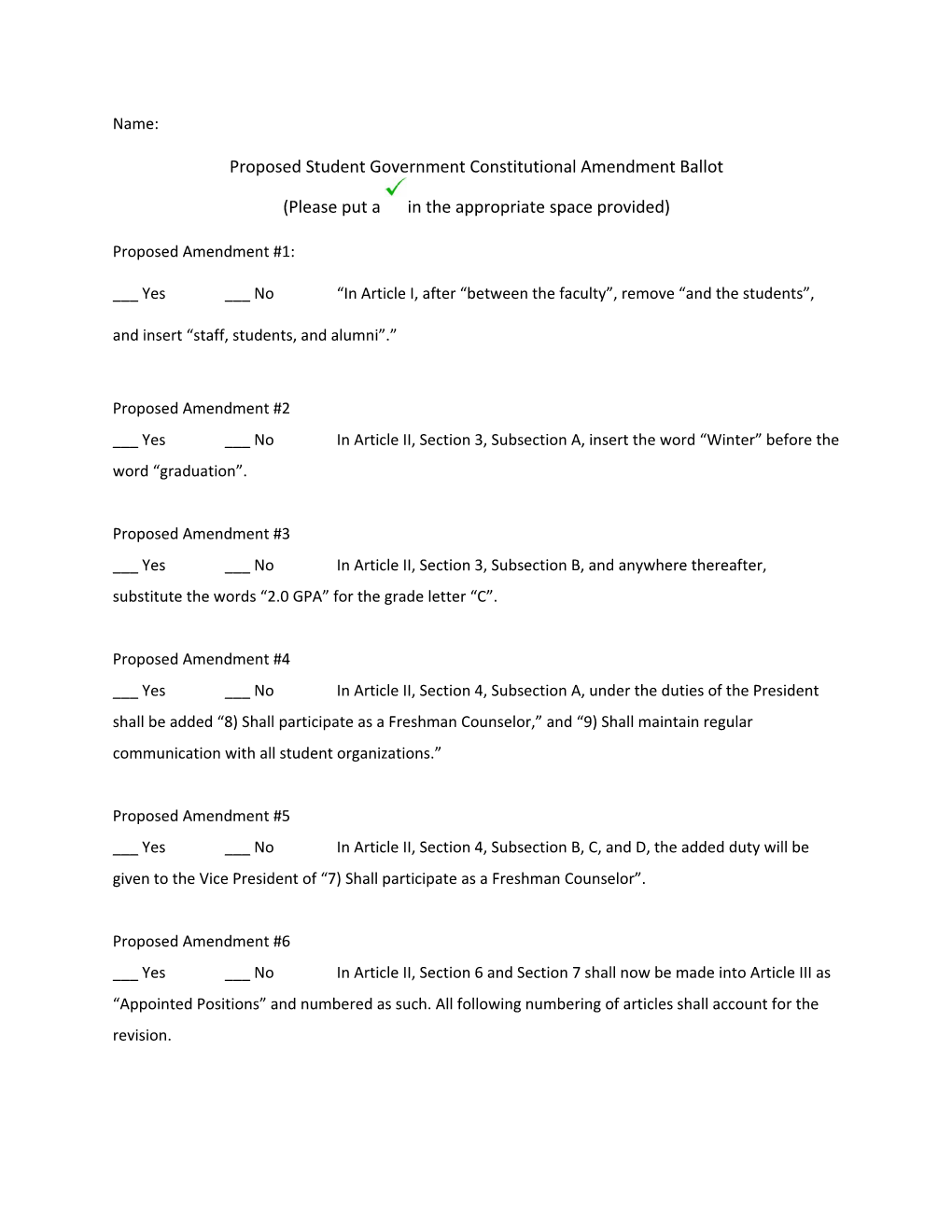 Proposed Student Government Constitutional Amendment Ballot