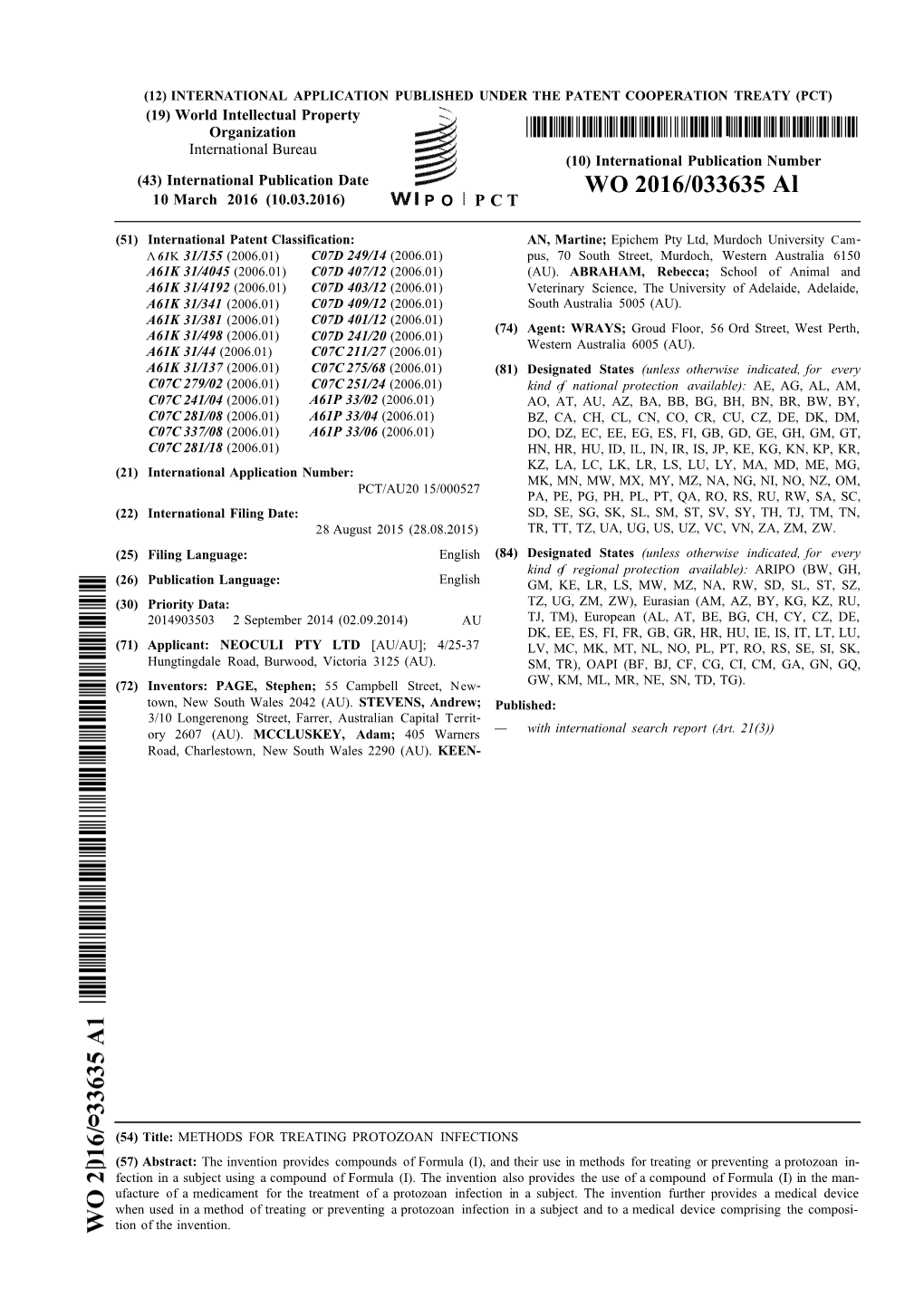 WO 2016/033635 Al 10 March 2016 (10.03.2016) P O P C T