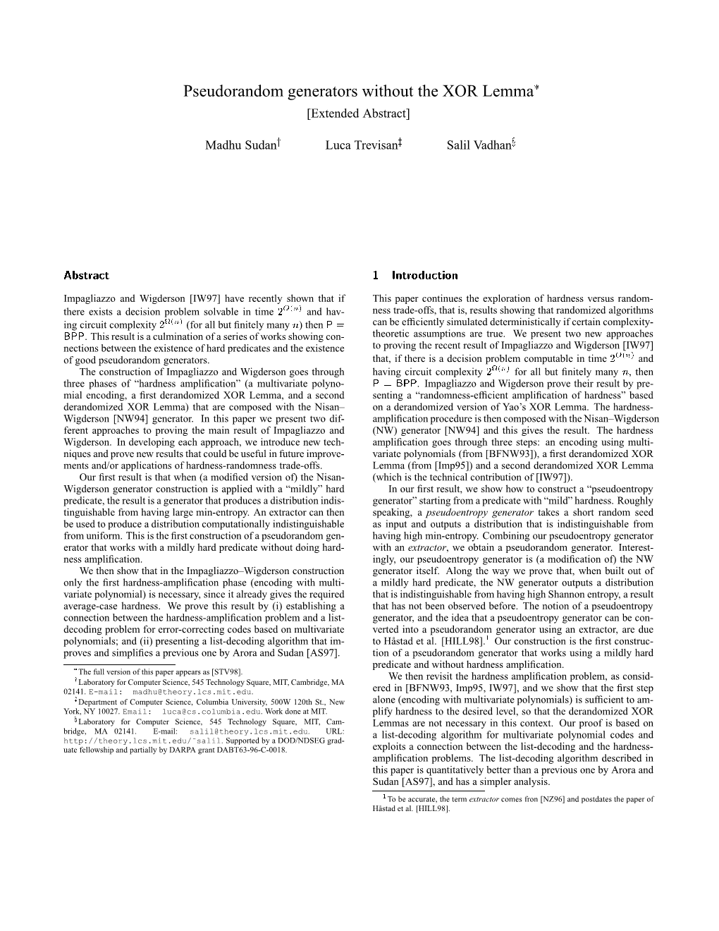 Pseudorandom Generators Without the XOR Lemma£