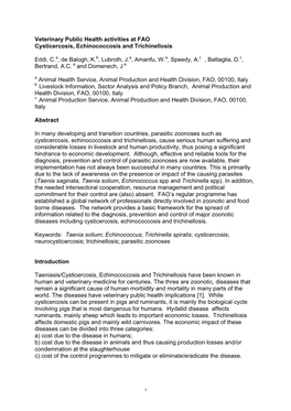 1 Veterinary Public Health Activities at FAO Cysticercosis, Echinococcosis