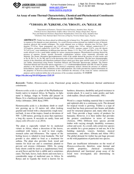 An Assay of Some Thermal Characteristics, Chemical and Phytochemical Constituents of Hymenocarida Acida Timber