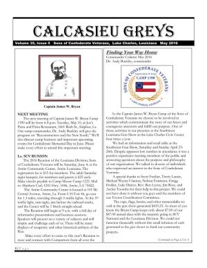 Calcasieu Greys Volume 35, Issue 5 Sons of Confederate Veterans, Lake Charles, Louisiana May 2016