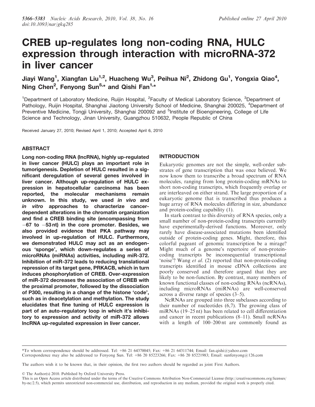 CREB Up-Regulates Long Non-Coding RNA, HULC Expression
