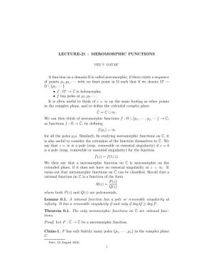 Lecture-21 : Meromorphic Functions