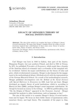Legacy of Menger's Theory of Social Institutions