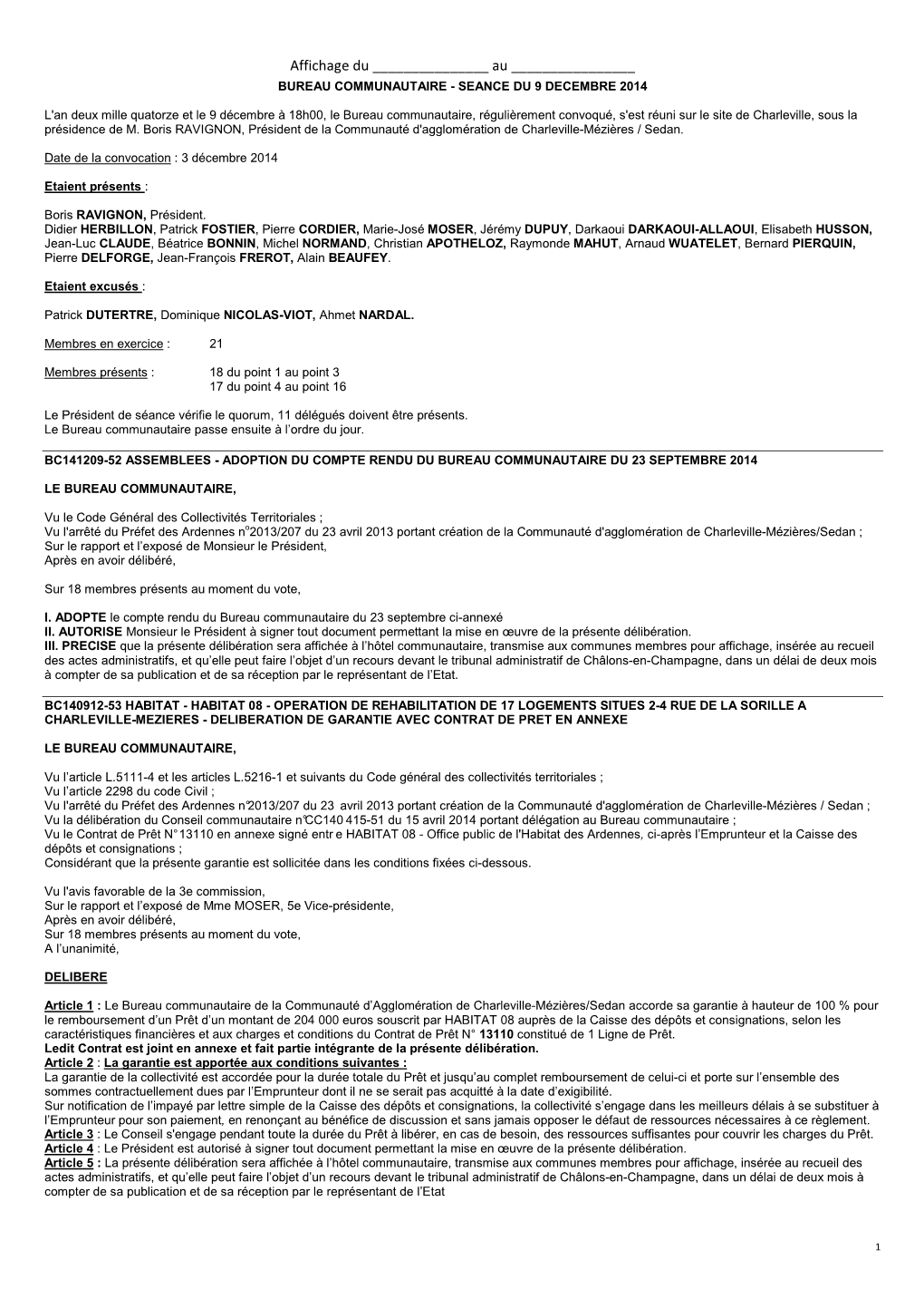 Bureau Communautaire - Seance Du 9 Decembre 2014