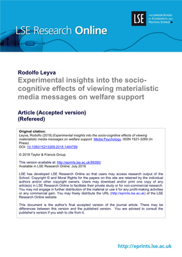 Experimental Insights Into the Socio- Cognitive Effects of Viewing Materialistic Media Messages on Welfare Support