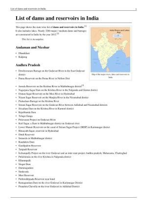 List of Dams and Reservoirs in India 1 List of Dams and Reservoirs in India