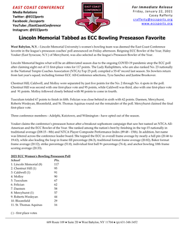 Lincoln Memorial Tabbed As ECC Bowling Preseason Favorite