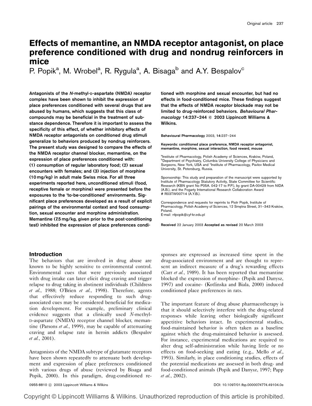 Effects of Memantine, an NMDA Receptor Antagonist, on Place Preference Conditioned with Drug and Nondrug Reinforcers in Mice P