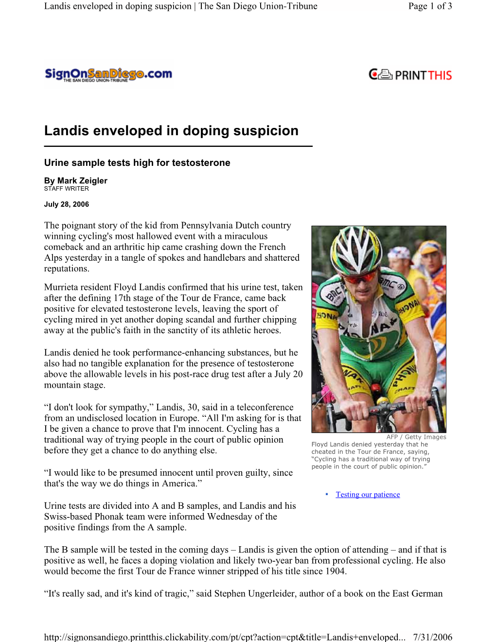 Landis Enveloped in Doping Suspicion | the San Diego Union-Tribune Page 1 of 3