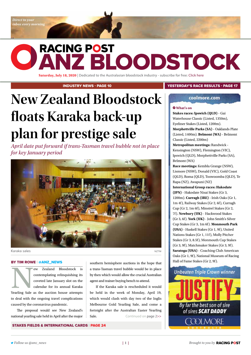 New Zealand Bloodstock Floats Karaka Back-Up Plan for Prestige Sale | 2 | Saturday, July 18, 2020