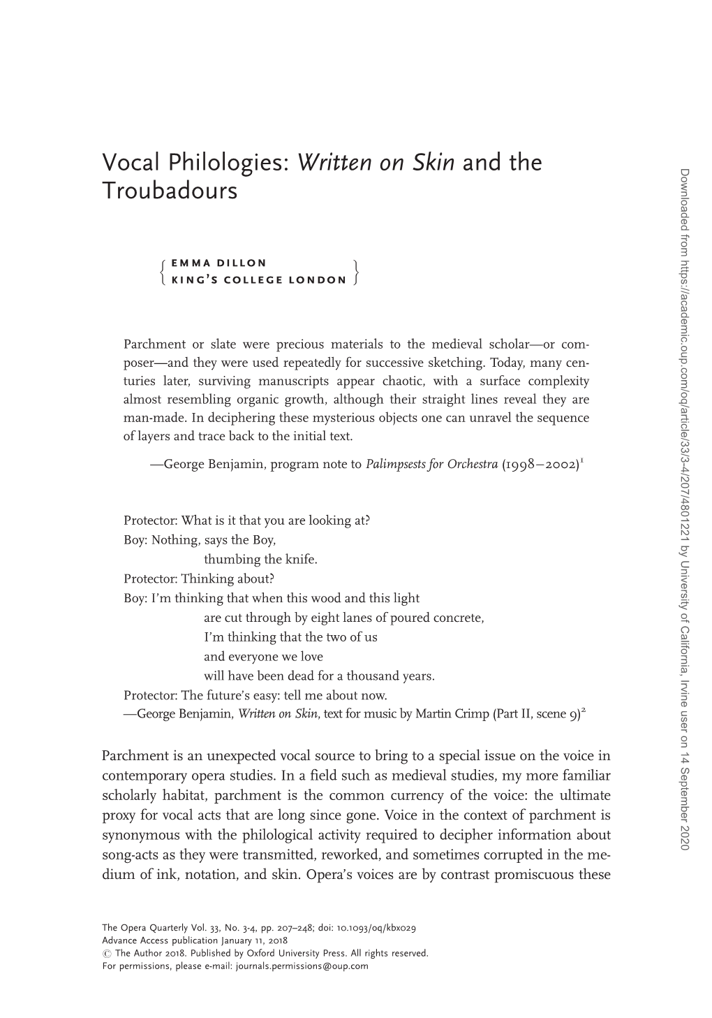 Vocal Philologies: Written on Skin and the Troubadours