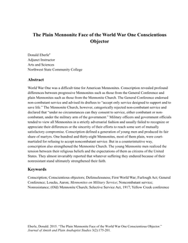 The Plain Mennonite Face of the World War One Conscientious Objector