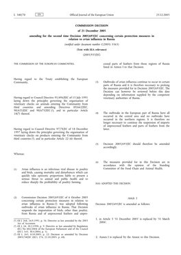 COMMISSION DECISION of 21 December 2005 Amending for The
