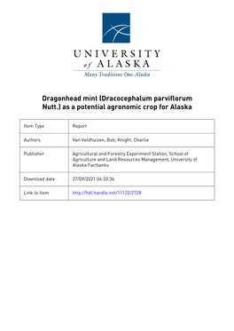 Dragonhead Mint (Dracocephalum Parviflorum Nutt.) As a Potential Agronomic Crop for Alaska