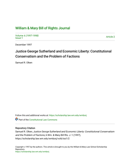 Justice George Sutherland and Economic Liberty: Constitutional Conservatism and the Problem of Factions
