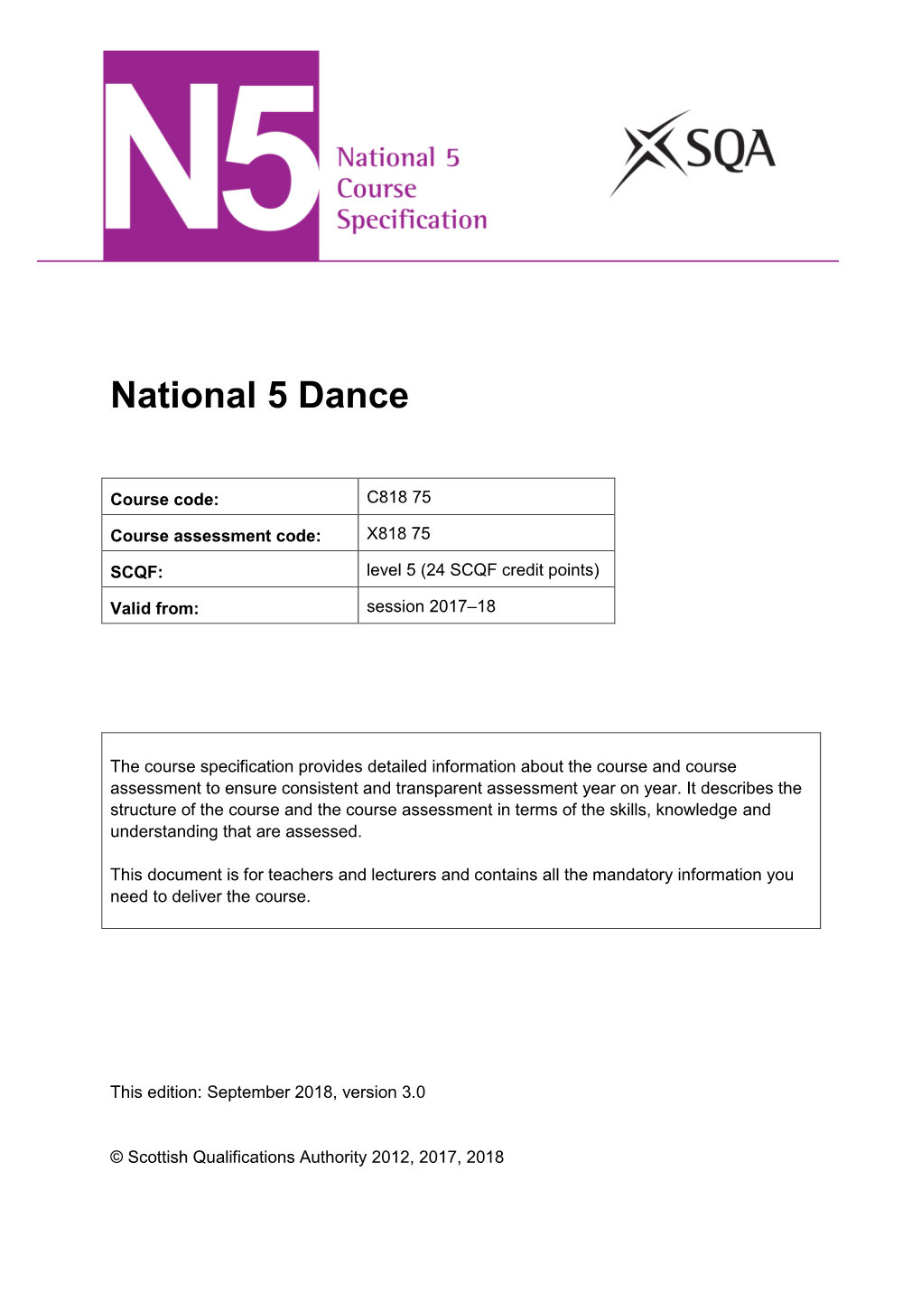 N5 Dance Course Specification