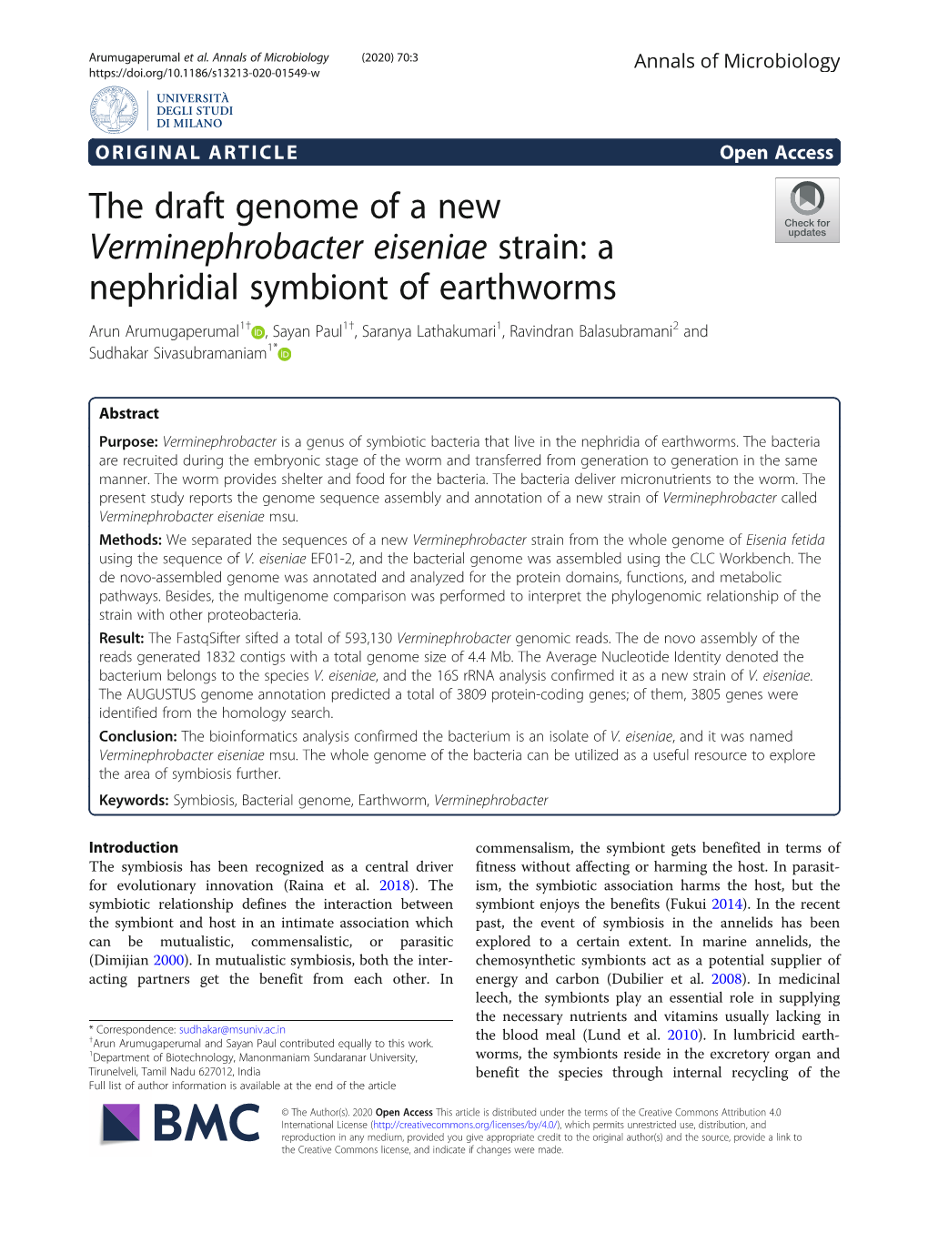 The Draft Genome of a New Verminephrobacter Eiseniae Strain