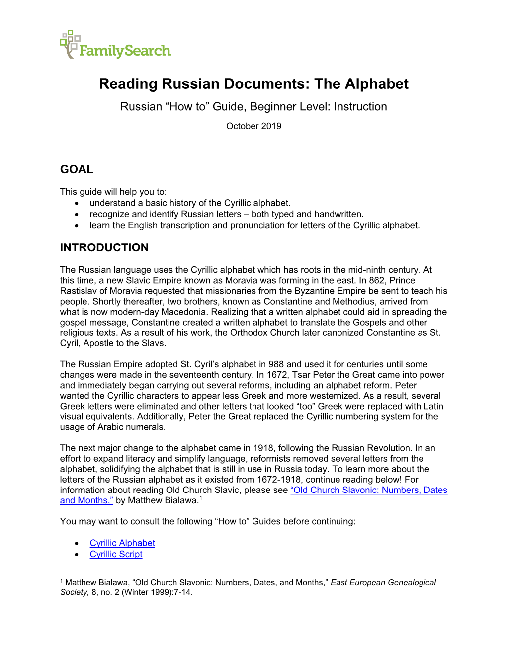 Reading Russian Documents: the Alphabet