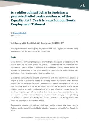 Is a Philosophical Belief in Stoicism a Protected Belief Under Section 10 of the Equality Act? Yes It Is, Says London South Employment Tribunal