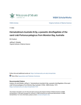 Hematodinium-Australis N-Sp, a Parasitic Dinoflagellate of the Sand Crab Portunus-Pelagicus from Moreton Bay, Australia