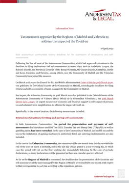 Tax Measures Approved by the Regions of Madrid and Valencia to Address the Impact of the Covid-19