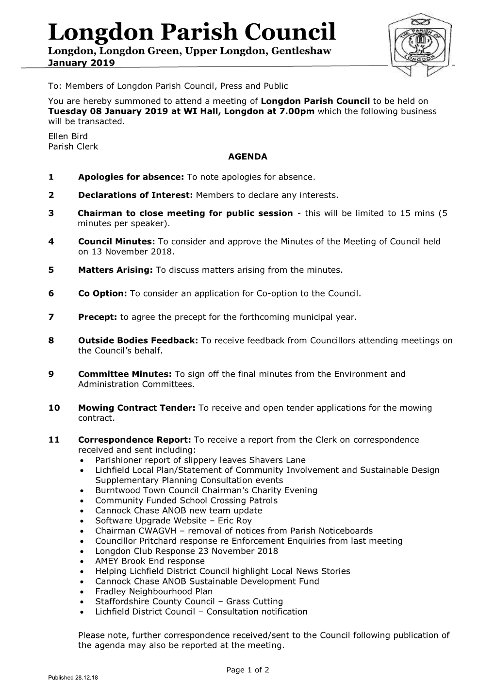 Full Parish Council Agenda January 2019