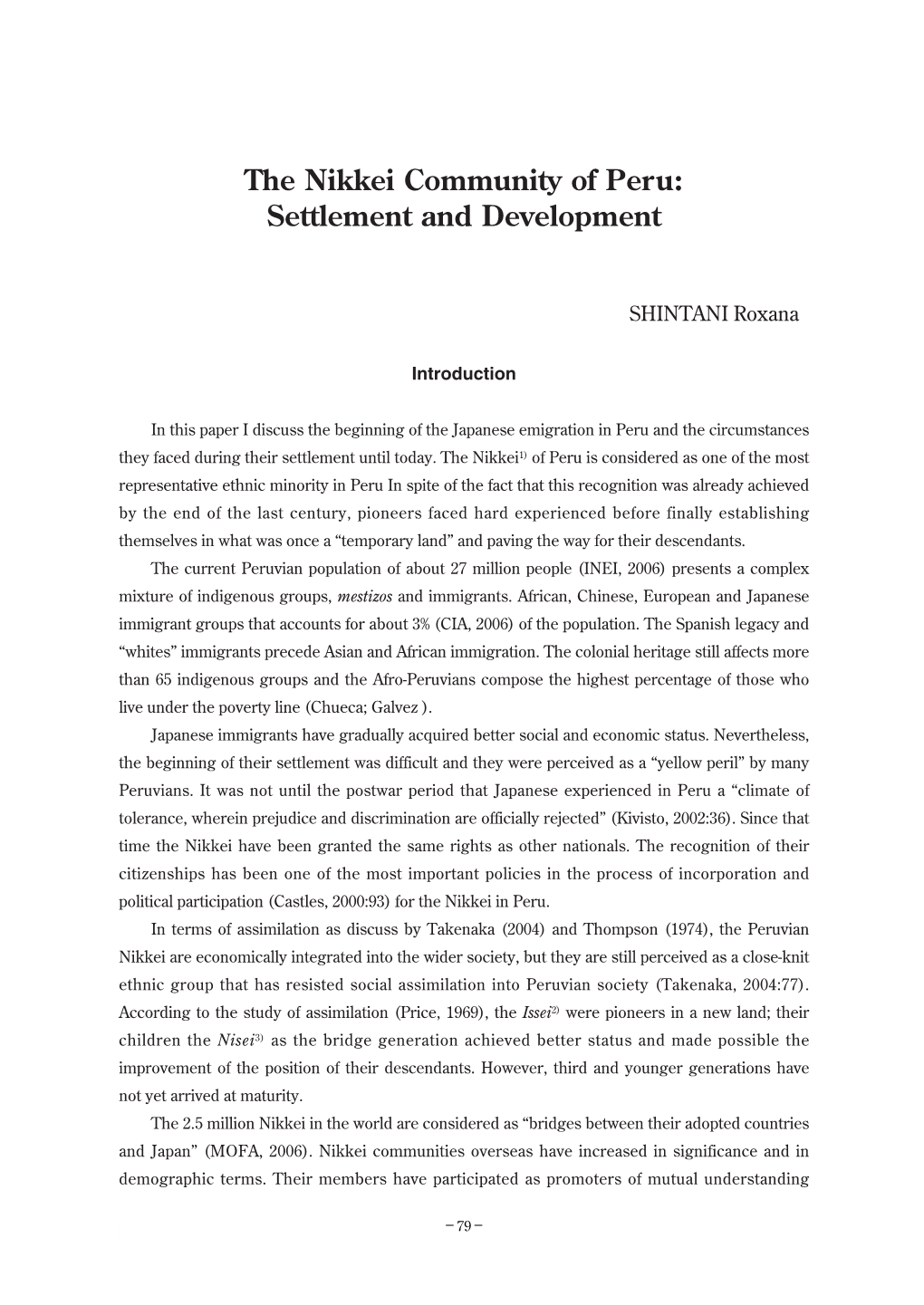 The Nikkei Community of Peru: Settlement and Development