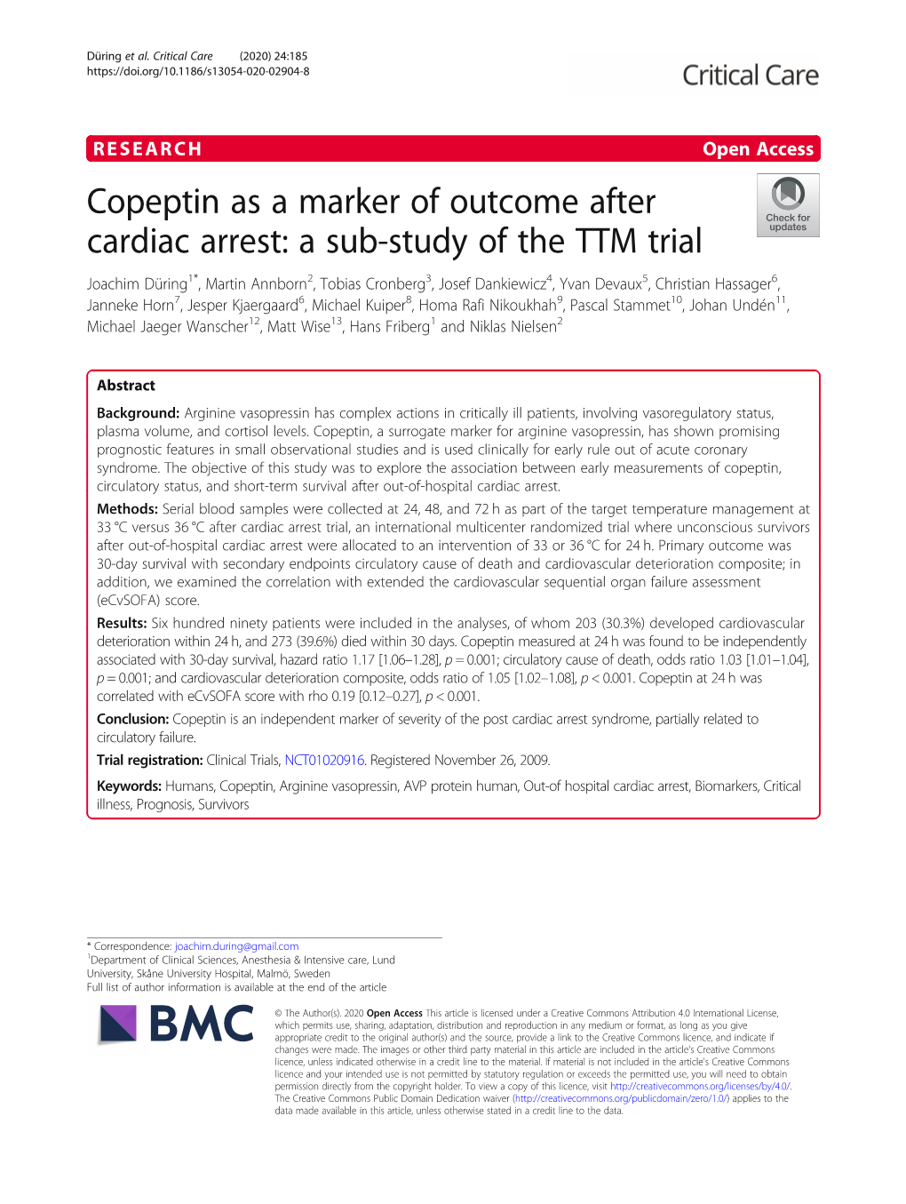 Copeptin As a Marker of Outcome After Cardiac Arrest