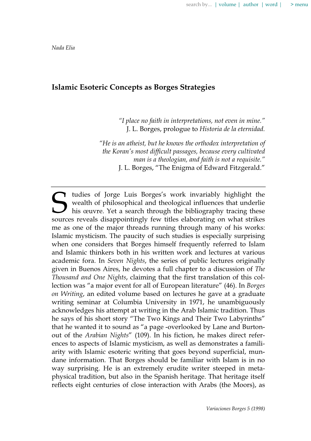 Islamic Esoteric Concepts As Borges Strategies