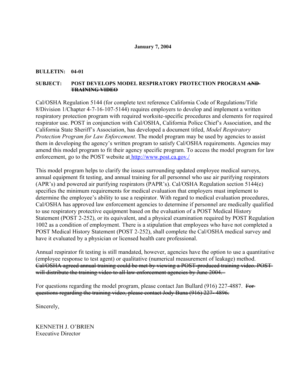 Subject: Post Develops Model Respiratory Protection Program and Training Video
