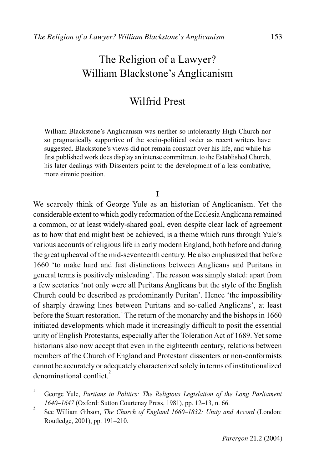 The Religion of a Lawyer? William Blackstone's Anglicanism Wilfrid Prest