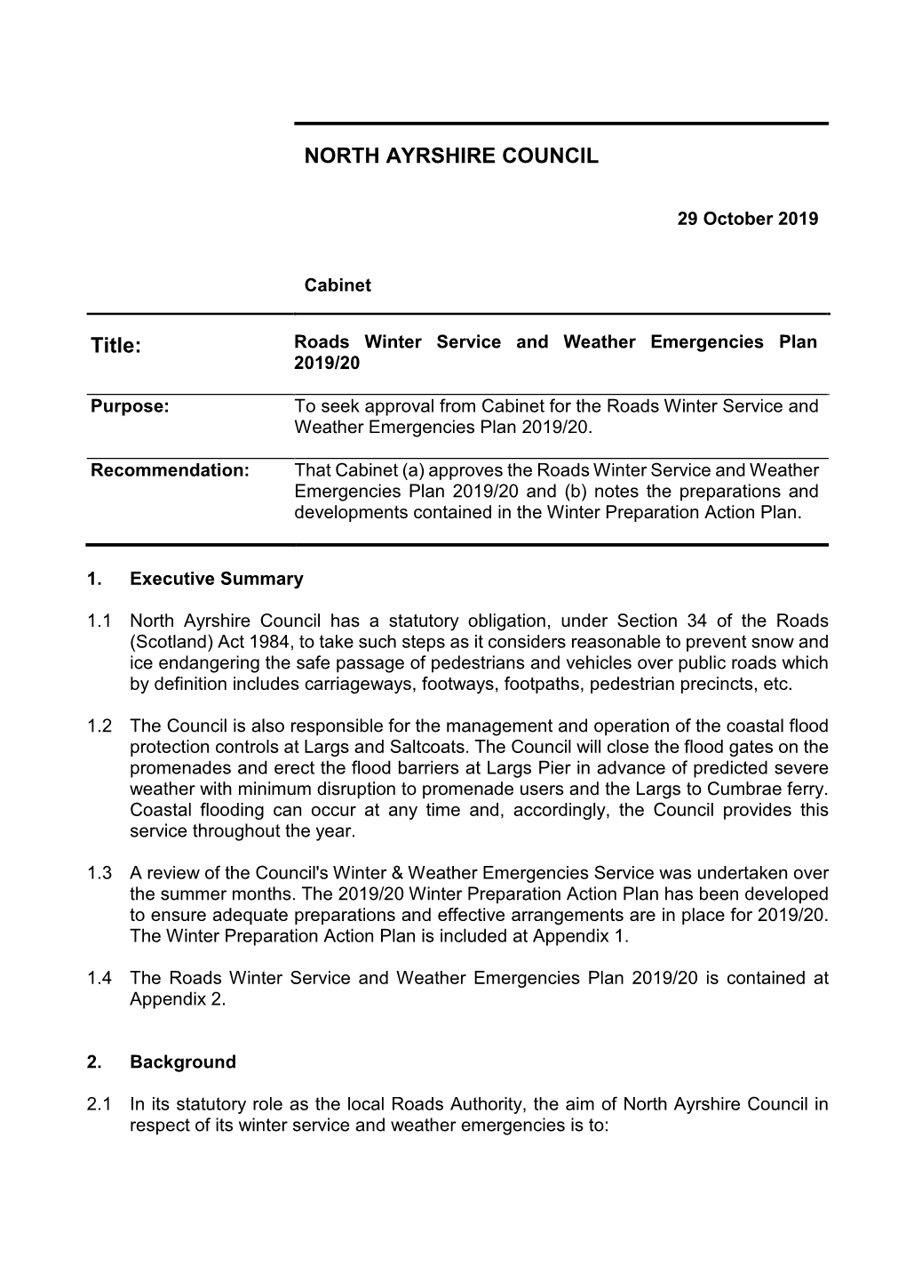 Roads Winter Service and Weather Emergencies Plan 2019/20