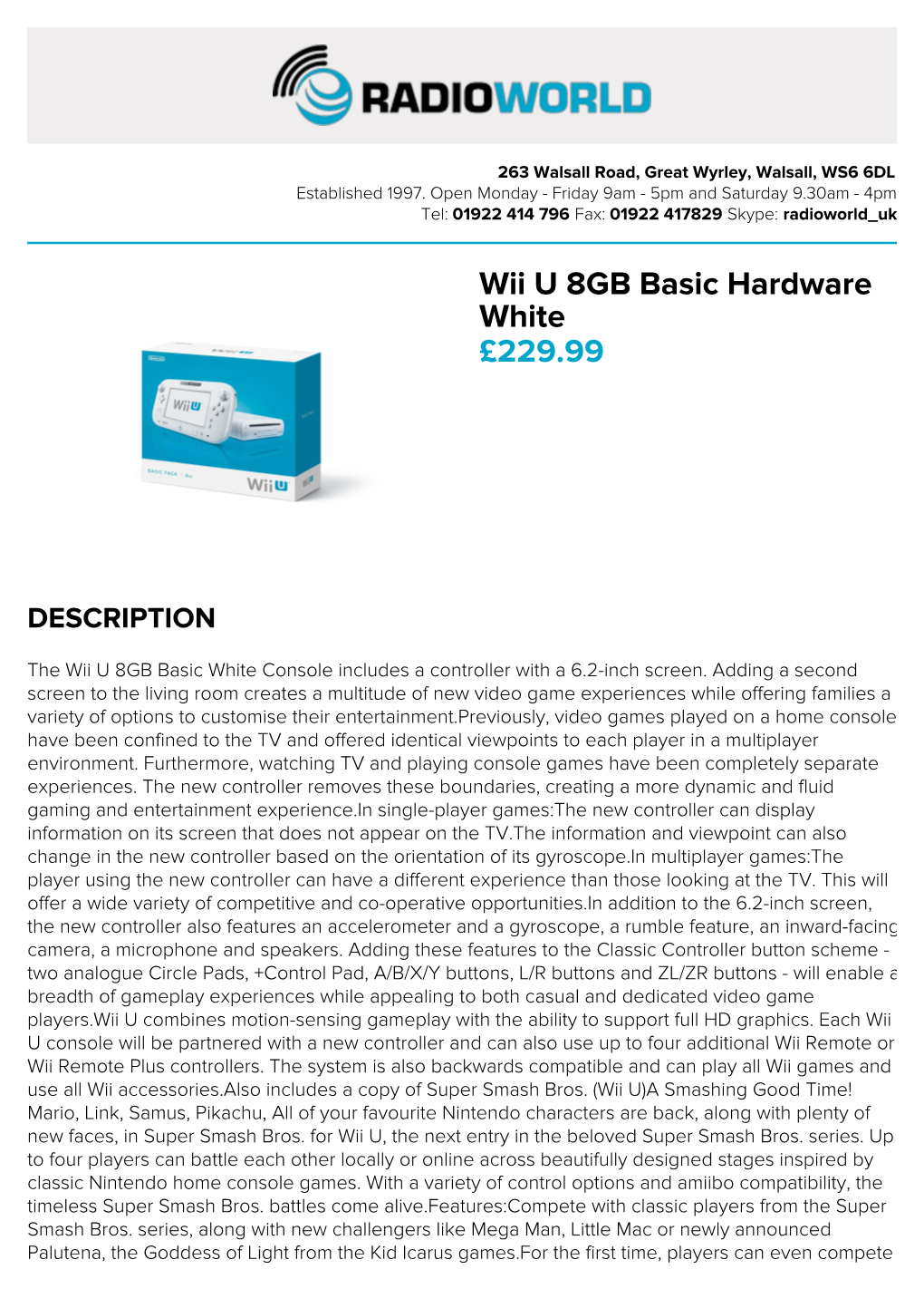 Wii U 8GB Basic Hardware White £229.99