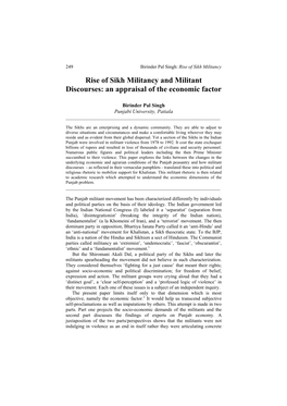 Rise of Sikh Militancy and Militant Discourses: an Appraisal of the Economic Factor