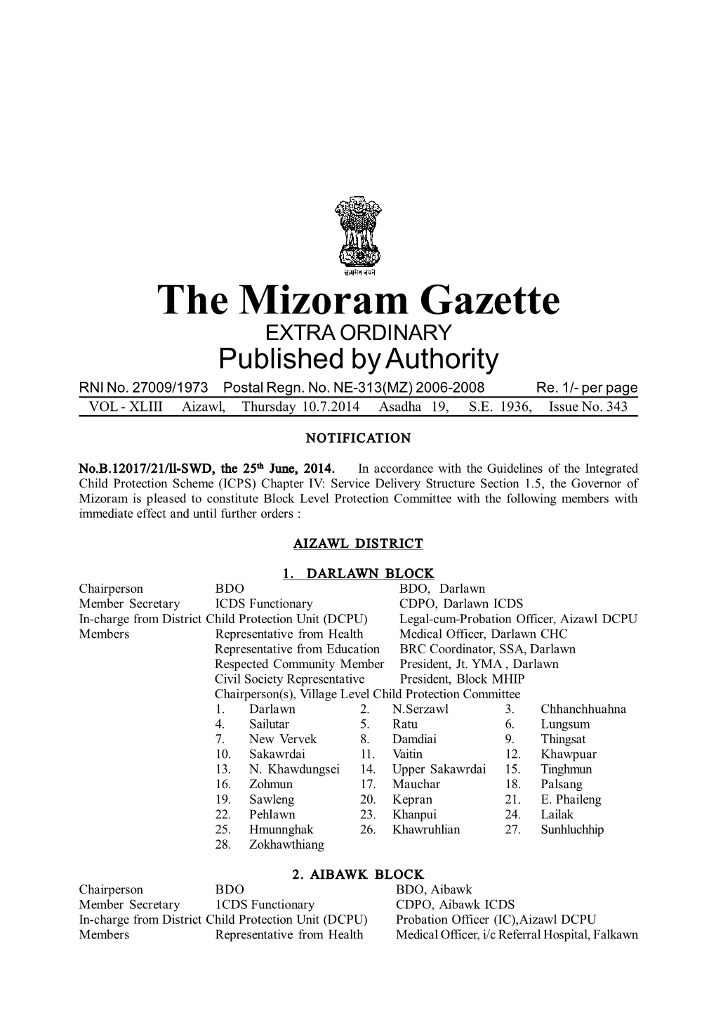 The Mizoram Gazette EXTRA ORDINARY Published by Authority RNI No