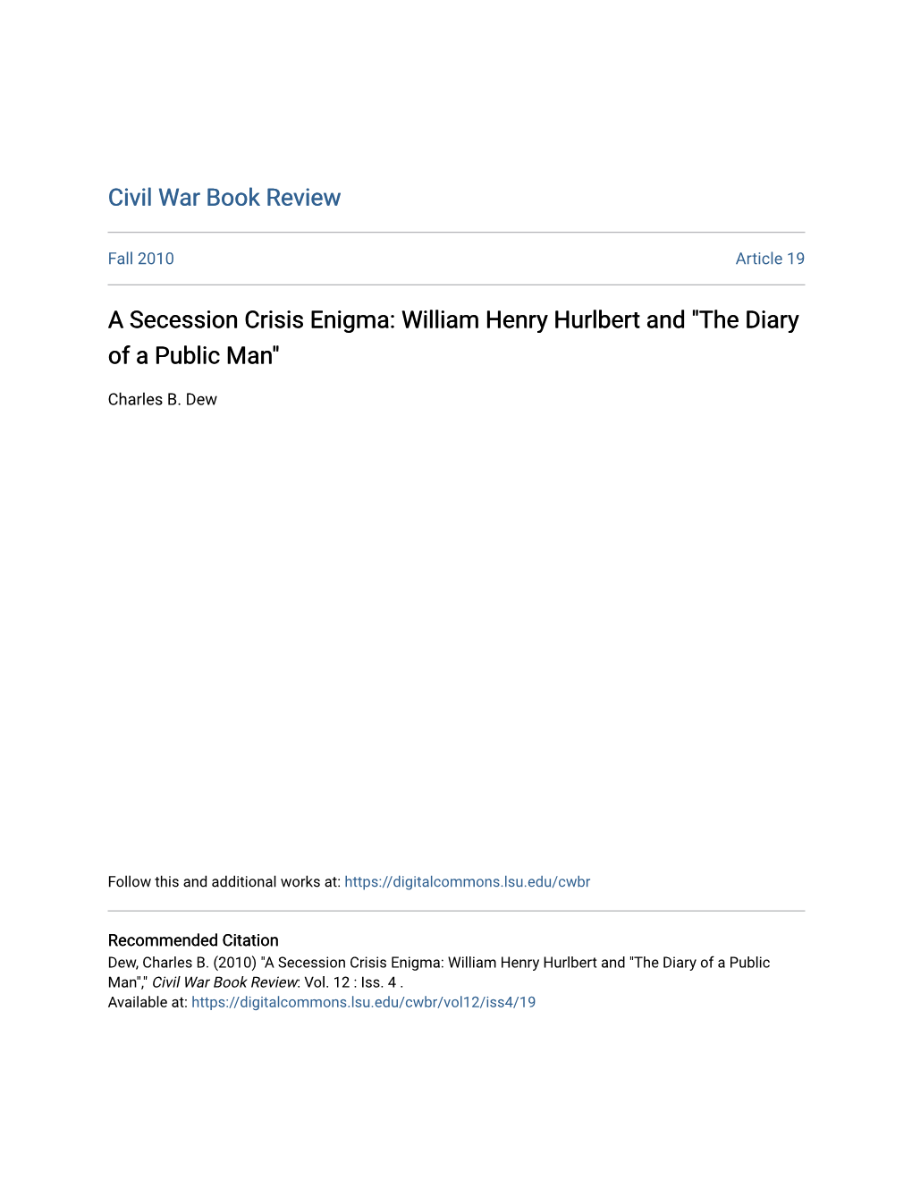 A Secession Crisis Enigma: William Henry Hurlbert and 