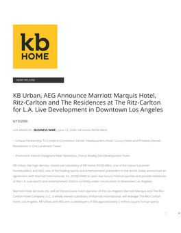 KB Urban, AEG Announce Marriott Marquis Hotel, Ritz-Carlton and the Residences at the Ritz-Carlton for L.A