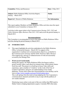 Public Relations Office Activities Report, Public January – March 2013