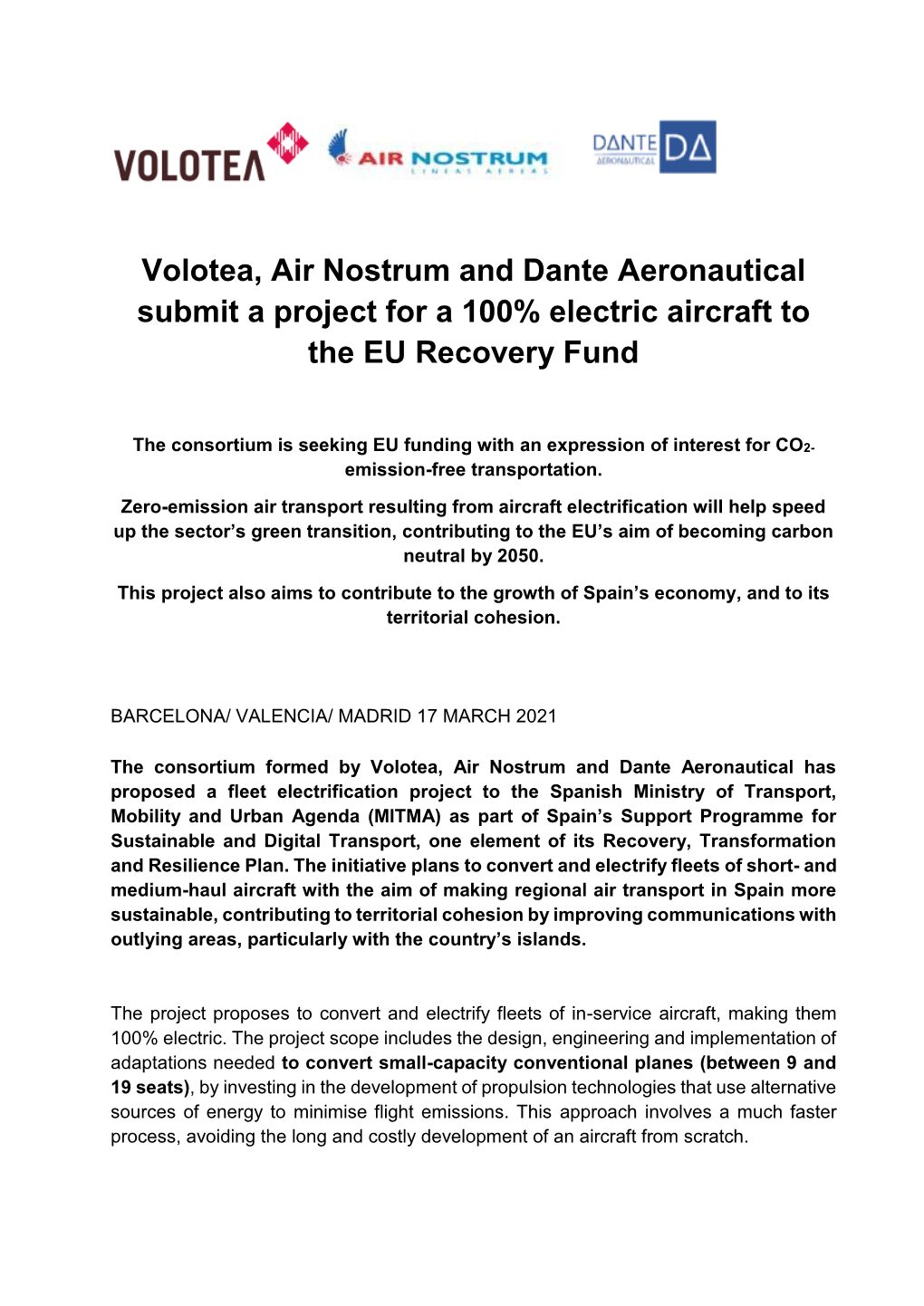 Volotea, Air Nostrum and Dante Aeronautical Submit a Project for a 100% Electric Aircraft to the EU Recovery Fund