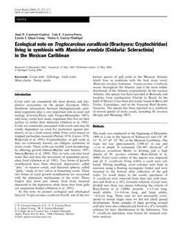 Ecological Note on Troglocarcinus Corallicola (Brachyura: Cryptochiridae) Living in Symbiosis with Manicina Areolata (Cnidaria: Scleractinia) in the Mexican Caribbean