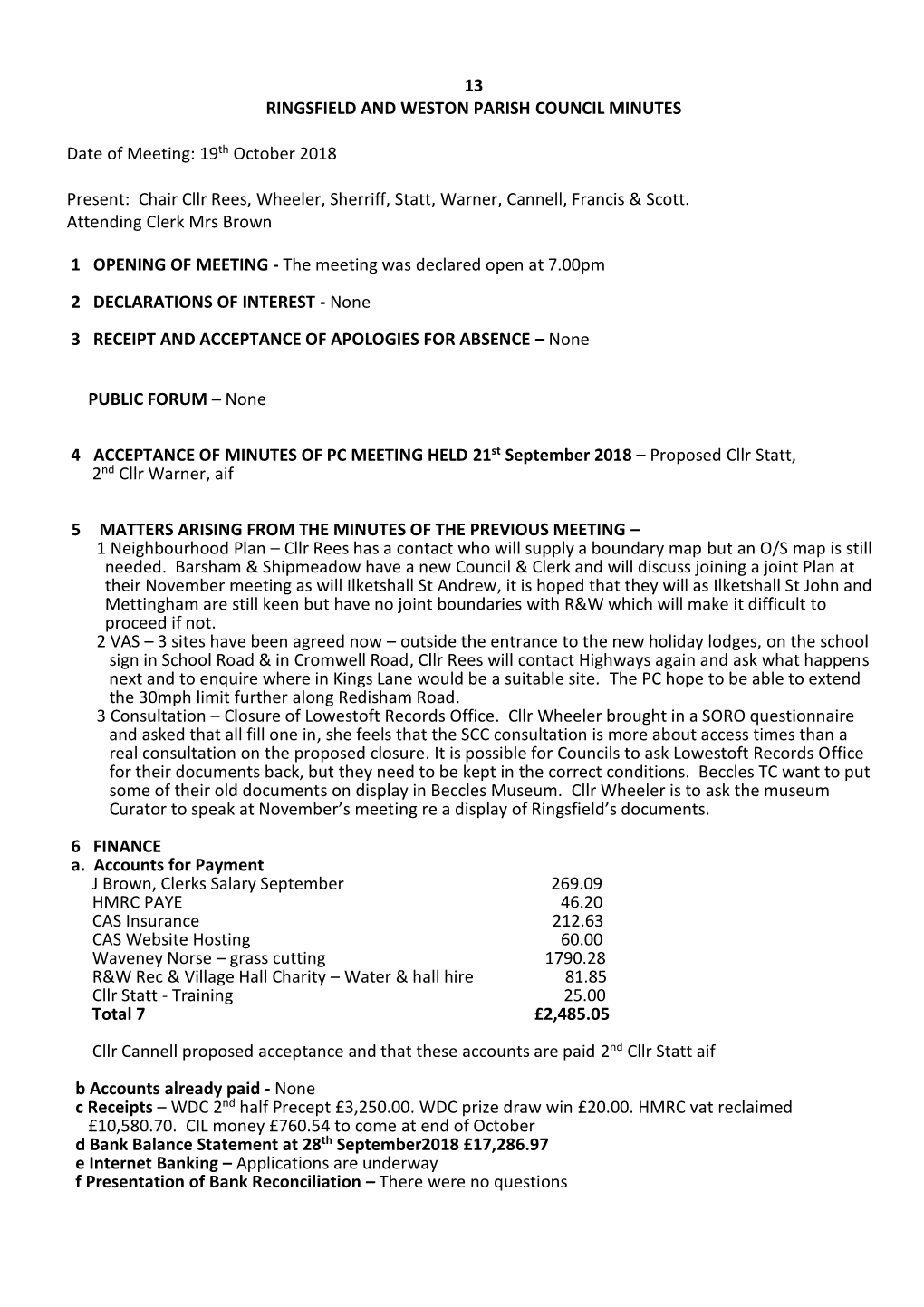 13 RINGSFIELD and WESTON PARISH COUNCIL MINUTES Date