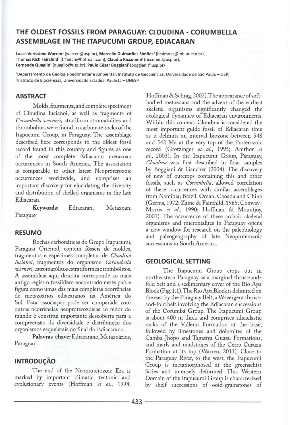 The Oldest Fossils from Paraguay: Cloudina - Corumbella Assemblage in the Itapucumi Group, Ediacaran