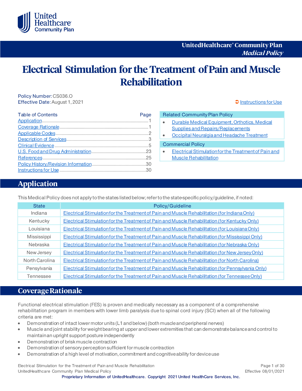 Electrical Stimulation for the Treatment of Pain and Muscle Rehabilitation – Community Plan Medical Policy